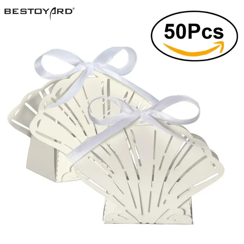 

50pcs Laser Cut Sea Shells Beach Themed Wedding Birthday Party Favor Candy Gift Boxes Bomboniere Gags (White)