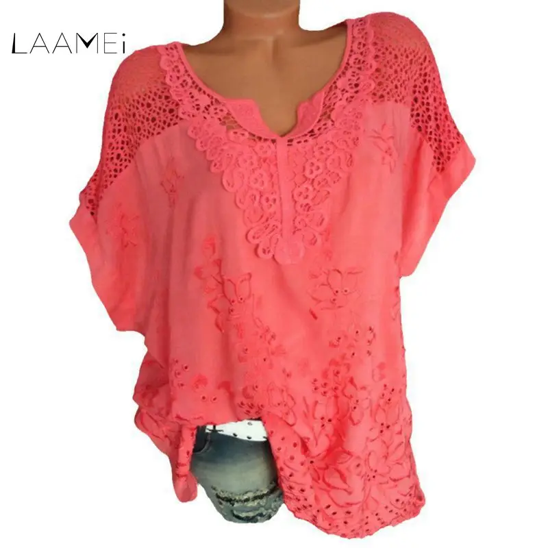 

Laamei Women Lace Patchwork Blouse Shirt Casual Tops Sexy Short Sleeve White Blouse Ladies Summer Hollow Out Classic Blouses