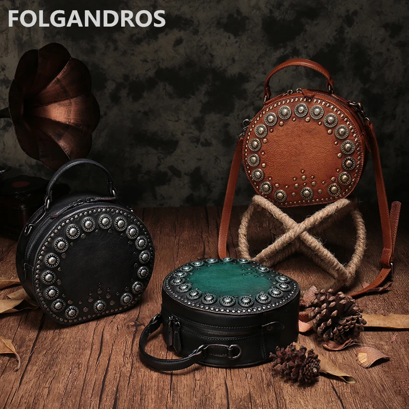 

2018 New Mini Genuine Leather Handbags Designer Handmade Rivet Shoulder Crossbody Bag Cowhide Circular Bags Small Round Package