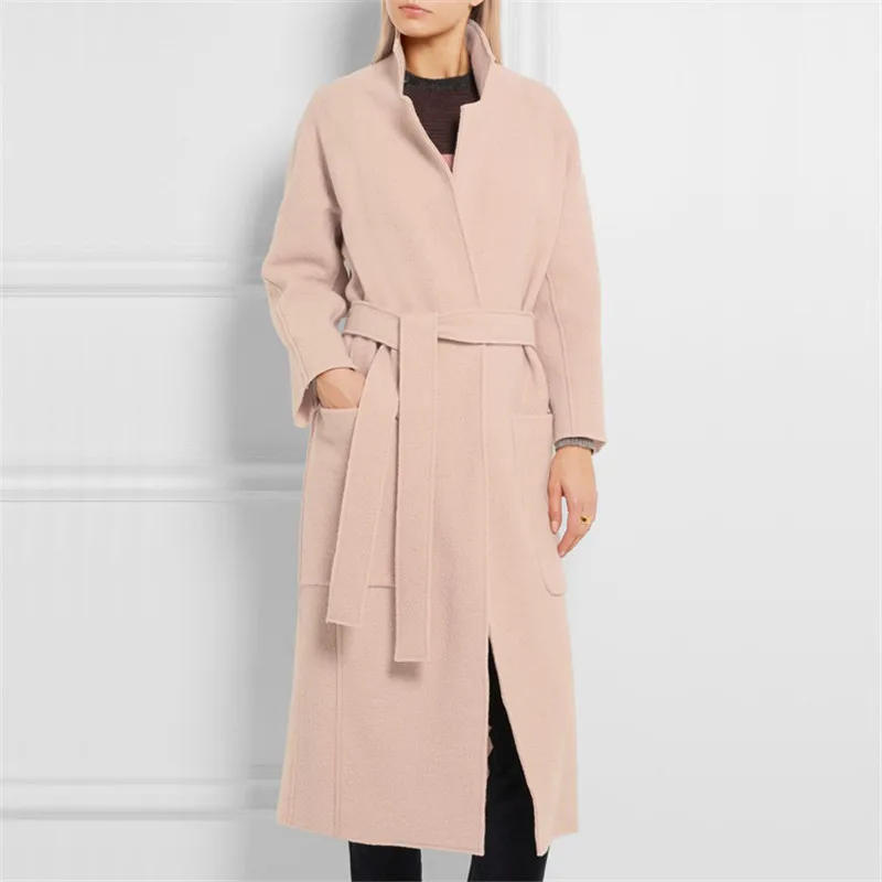 

New Fashion 2018 Spring Winter Cassic Simple Woolen Maxi Robe Long Coat With Belt Casual Outerwear manteau femme C79