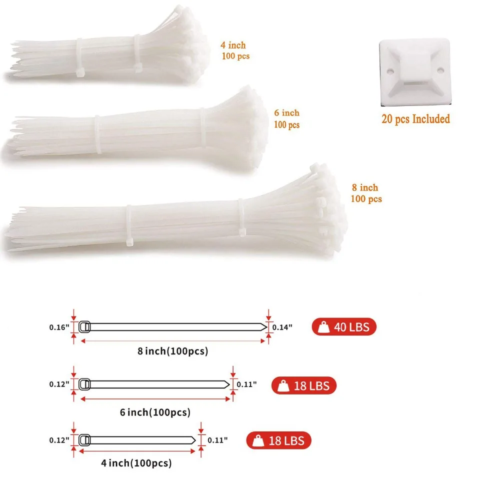 

ZHEJIN 300pcs white Standard Self-Locking Nylon Cable Zip Ties Assorted Sizes 4/6/8 Inch with cable tie mount