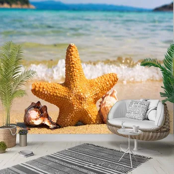 

Else Big Yellow Sea Stars Blue Sea Waves 3d Photo Cleanable Fabric Mural Home Decor living Room Bedroom Background Wallpaper