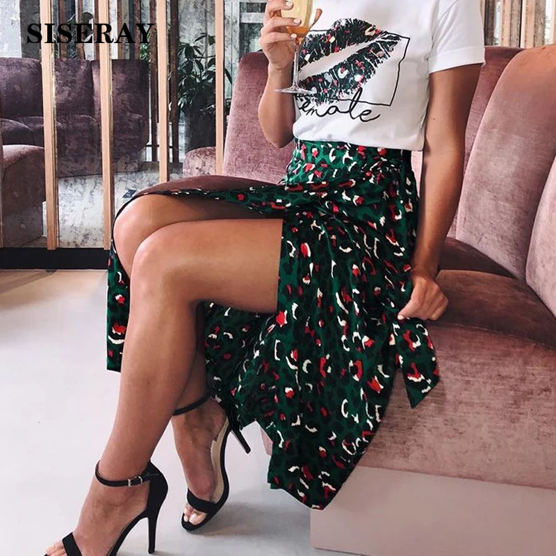 

Green Leopard Print Wrap Skirt Midi High Waist Sexy Thigh Split Skirts Womens Side Bow Tie Vintage Ladies Skirt Hot Sale 2019