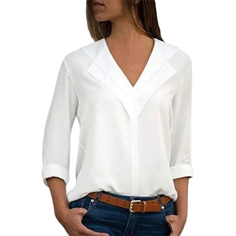 Белая блузка с длинным рукавом Шифоновая Блузка с двойным v-образным вырезом Женские топы и блузки однотонная офисная рубашка женская блузка, рубашка - Цвет: White
