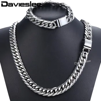 

Davieslee Iced Out Paved Rhinestones Cuban Chain Men's Necklace Bracelet 316L Stainless Steel Gold Silver Color 16mm DHSM04