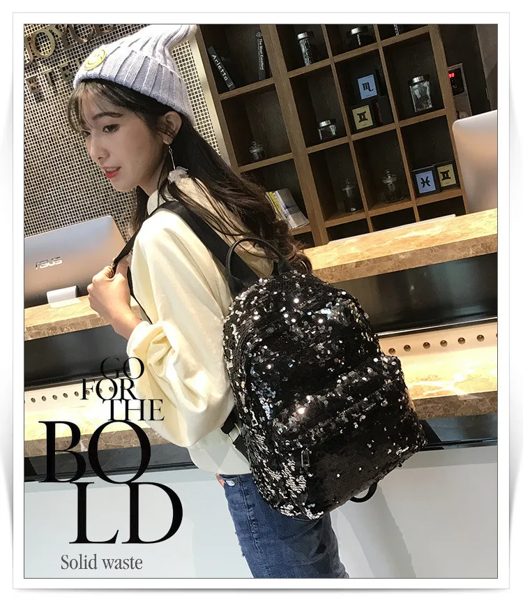MJ Sequin Backpack Women Fashion Sequined PU Leather Backpack Travel Bag Female Shining Daypack for Teenage Girls (8)