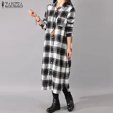 ZANZEA Осенняя Женская Повседневная Свободная негабаритная длинная рубашка макси Vestidos новейший воротник с лацканами хлопок лен винтажные платья в клетку