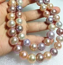 AAAAA 32″12-11 mm long real South sea PINK PURPLES Multicolor pearl NECKLACE>>>girls choker necklace pendant Free shipping