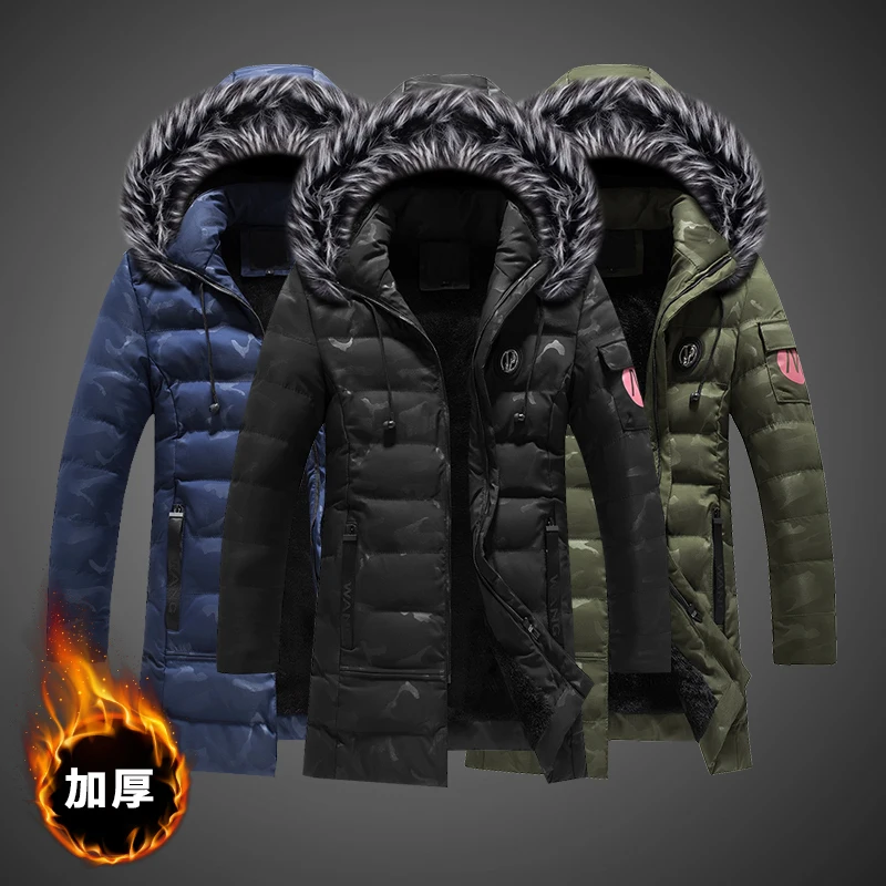 

2019 Fashion Winter Jacket Men Hooded Faux Fur Collar Long Coat Camouflage Military Outwear Tops Velvet Warm Parka Men Trench