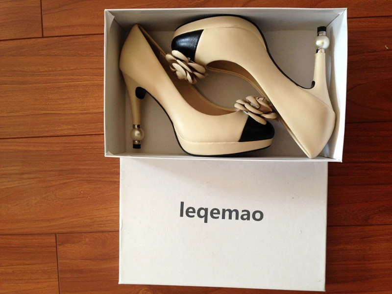 Hot Sale Women Pumps Genuine Leather High Quality Flowers Pearls Heels Beige Black Colors Office Lady Wedding Party Shoes 35-40