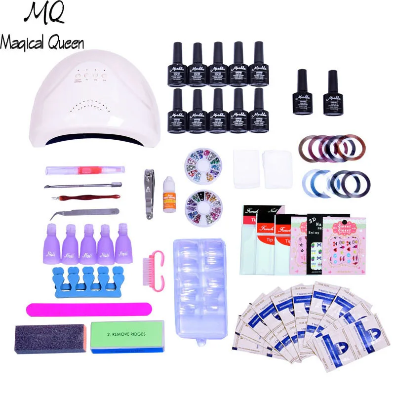 

MQ Nail Gel 10 color 48W Led Lamp Manicure nail art tool Varnish soak off uv Dryer gel polish top and base coat Buffer Remover