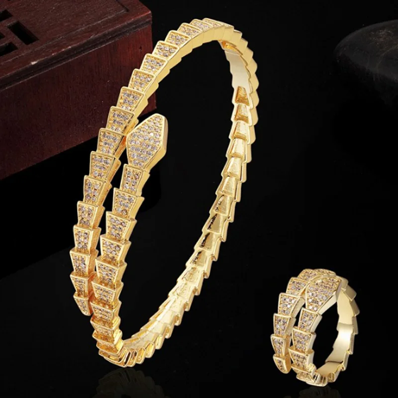 

Lanruisha Copper Snake Bangle brand pave setting Bracelet jewelry set Wedding Bridal Zircon Anel aneis Jewelry Puseira Mujer
