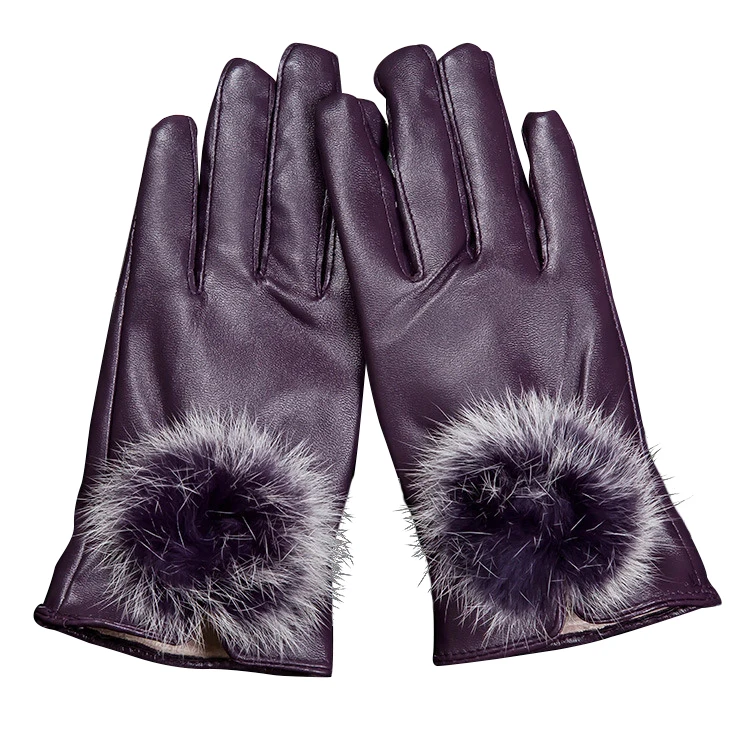 Women 's Fashion PU Leather Cashmere 3 Colors Warm Winter Gloves Elegant Beauty Gifts Purple