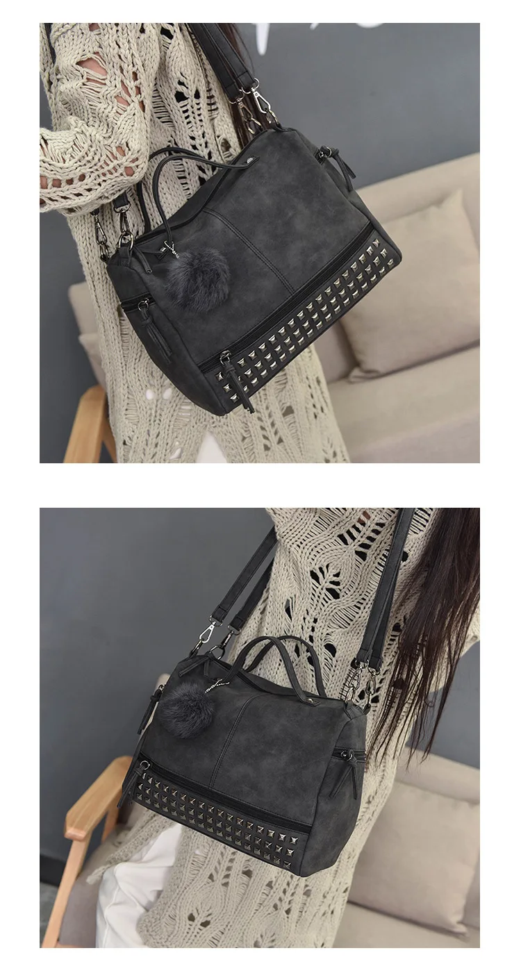 MJ Brand Design Women Handbag Fashion Suede Leather Top-Handle Bags Hair Ball Rivets Shoulder Bag Large Motorcycle Messenger Bag (10)