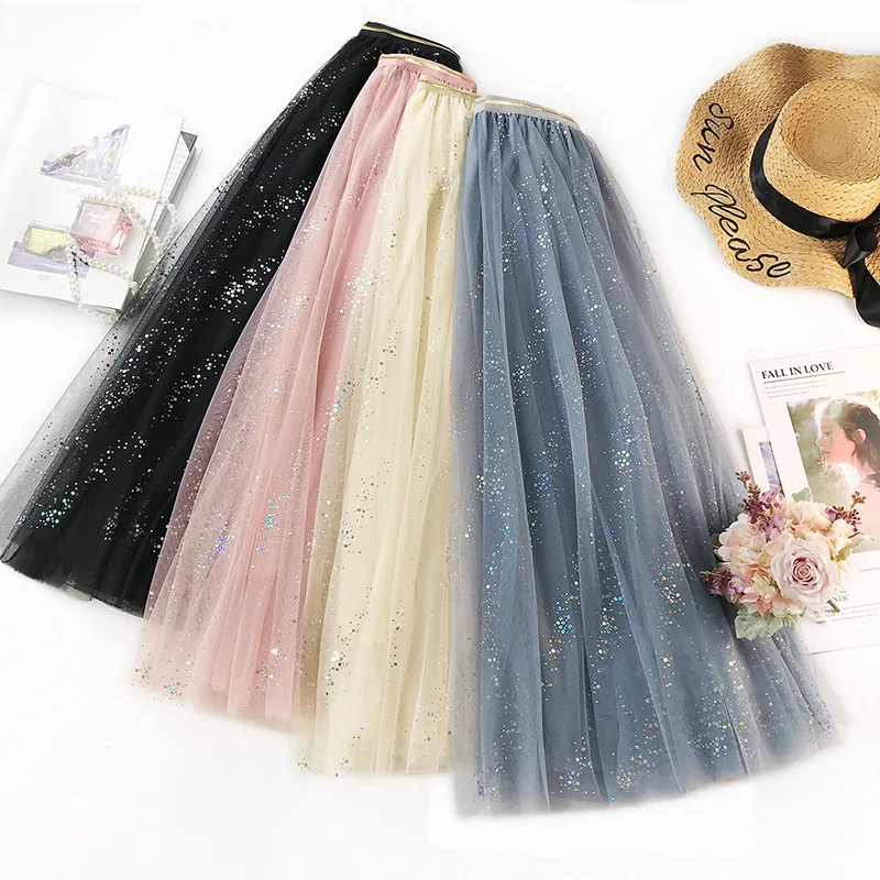 

2019 Summer Glitter long Tulle mesh Skirt Women flash pleated shiny metal dot tutu skirt skirt A-line mesh sequined Skirt female