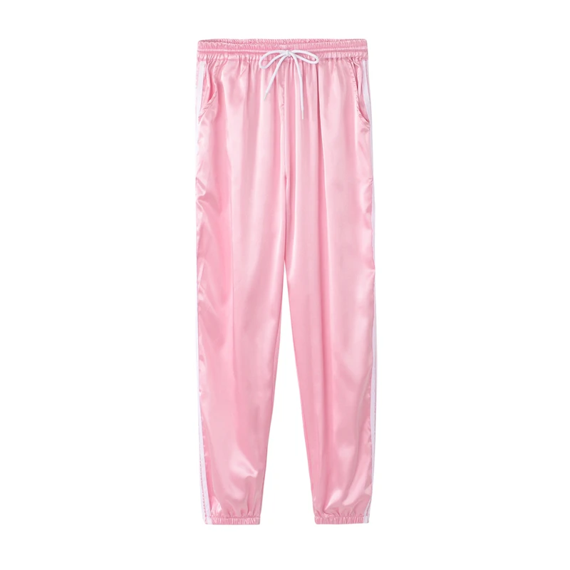 Весна лето женские Сатиновые штаны для отдыха повседневные разноцветные ретро белые полосатые боковые закрытые удобные женские спортивные штаны - Цвет: Розовый