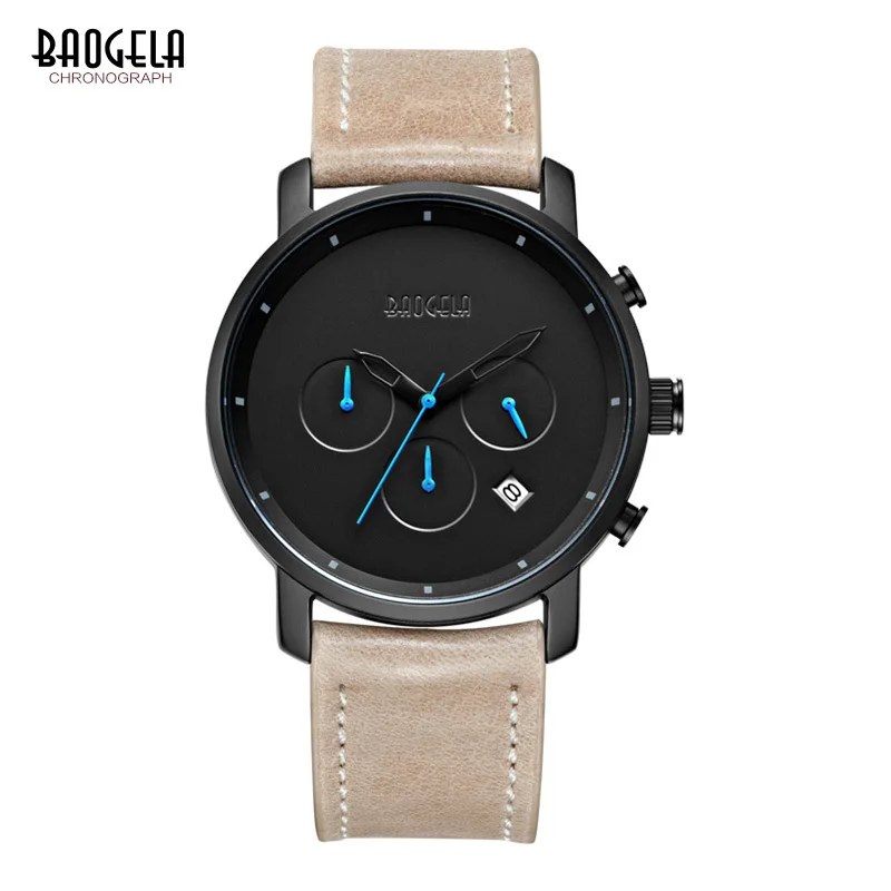 

Baogela Chronograph Mens Watches Top Brand Luxury Leather Strap Sports Quartz Wrist Watches Multi-function Wristwatch