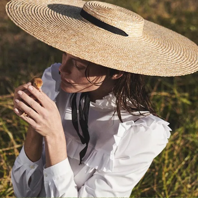 Handmade Black Natural Straw Hat For Men Women Bandage Ribbon Tie