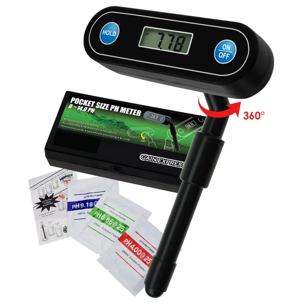 

PH Meter 360degree Flexible Display Angle Pocket Size Water Quality Tester 0.00~14.00pH Twist & Turnable Monitor Kit Set