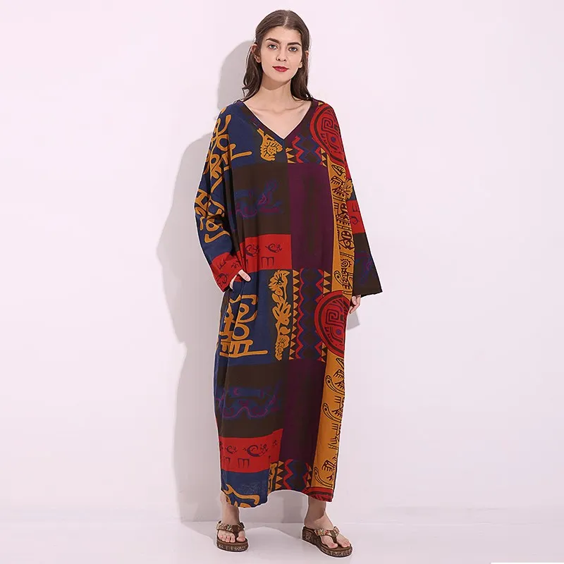 

ZANZEA Women Ethnic Batwing Oversized Vintage Floral Print Evening Party Deep V Cotton Long Maxi Dress Shirt Vestido S-5XL