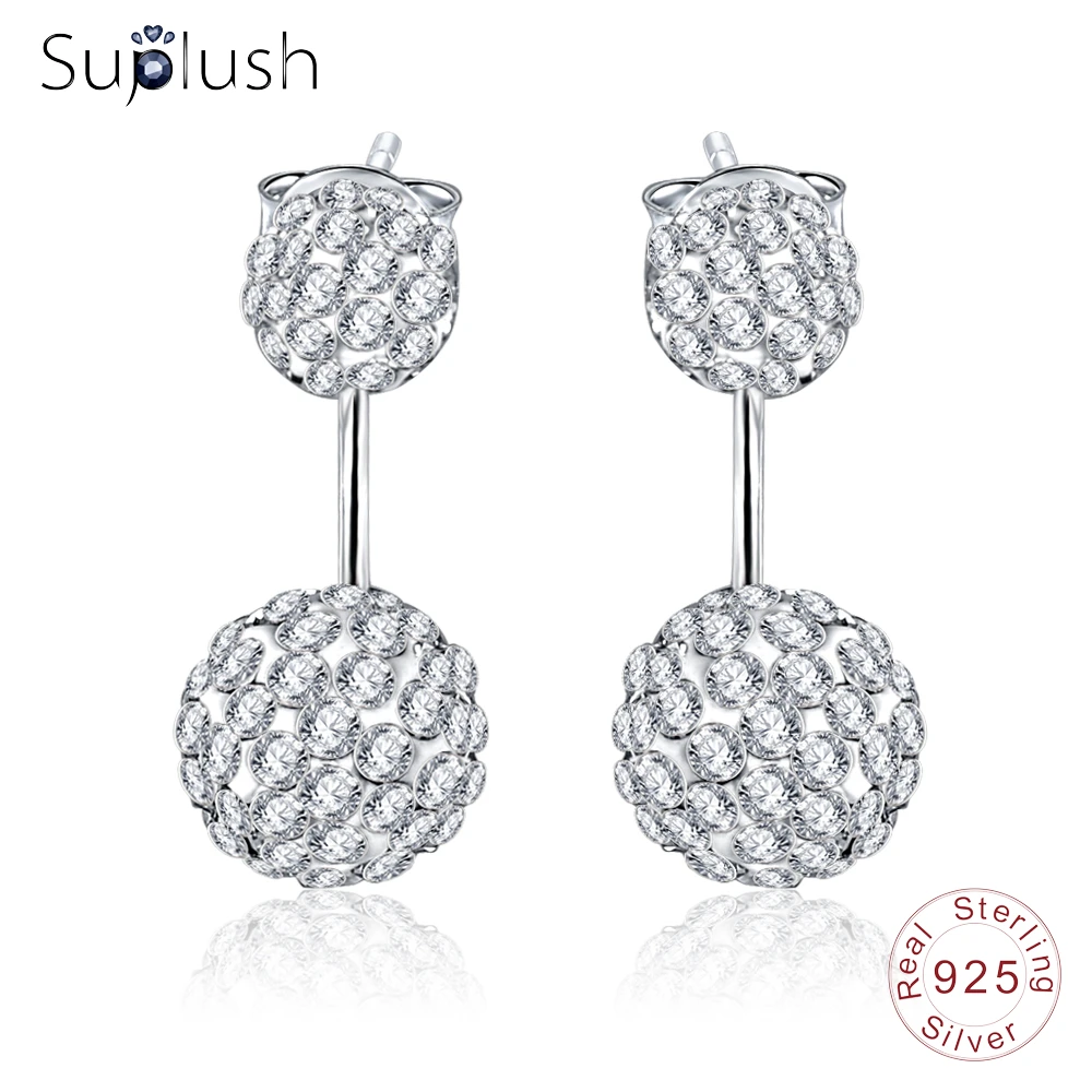 

Suplush 100% 925 Sterling Silver Earrings Elegant Double Spherical AAA Zircon Earrings For Women Sliver Jewelry Gift T020314-B