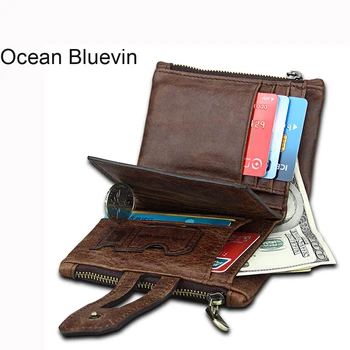 

OCEAN BLUEVIN New Hot Wallet Men Leather Genuine Vintage Coin Purse Zipper&Hasp Men Wallets Small Perse Solid RFID Card Holder