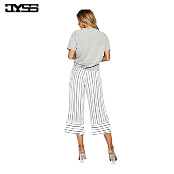

summer casual wide leg pants women lady loose calf length super big mid waist white cotton striped trousers women girl 81650