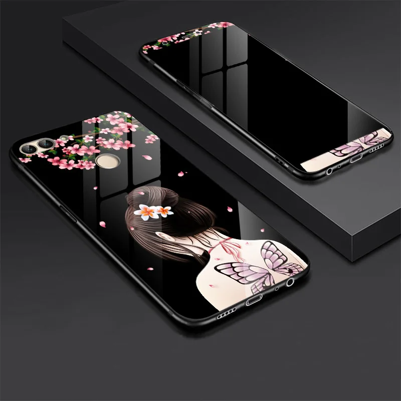 

Luxury Tempered Glass Case for Huawei P Smart Case Color Printed Hybrid Back Cover + Matched Tempered Glass