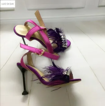 

2020 fashion Women feather Sandals party shoes thin heel sandals summer crystal sandals women diamond high heels