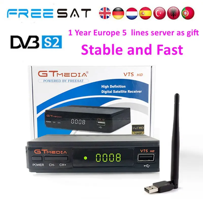 

Freesat V7 HD New version Satellite TV Receiver Decoder DVB-S2 + USB Wfi with 1 year 5 line Europe Cline Gtmedia V7S HD Receptor