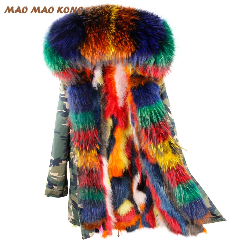 2018 New Winter Jacket Women Long Real Fox Fur Coat Female Warm Fur Jackets Natural Raccoon Fur Collar Real Fur Lined Parka