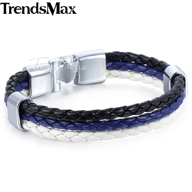 Trendsmax, кожаные браслеты для мужчин, черный, синий, белый, 3 нити, веревка, цепь, мужской кожаный браслет,, модное ювелирное изделие, подарок KLB694