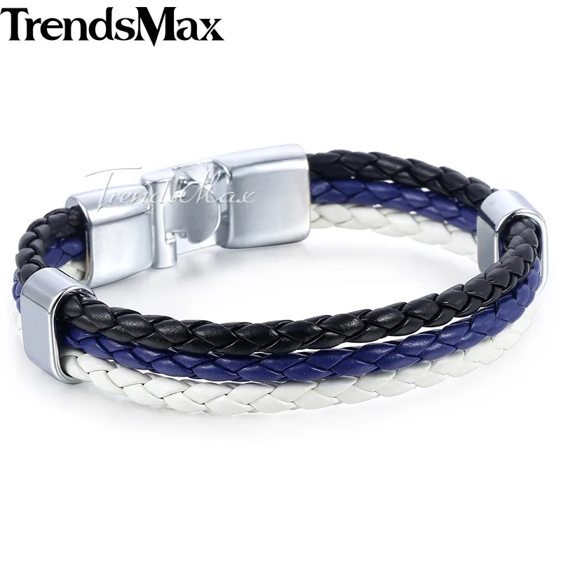 Кожаный браслет Trendsmax для мужчин черный синий белый 3 нити веревка цепь мужской