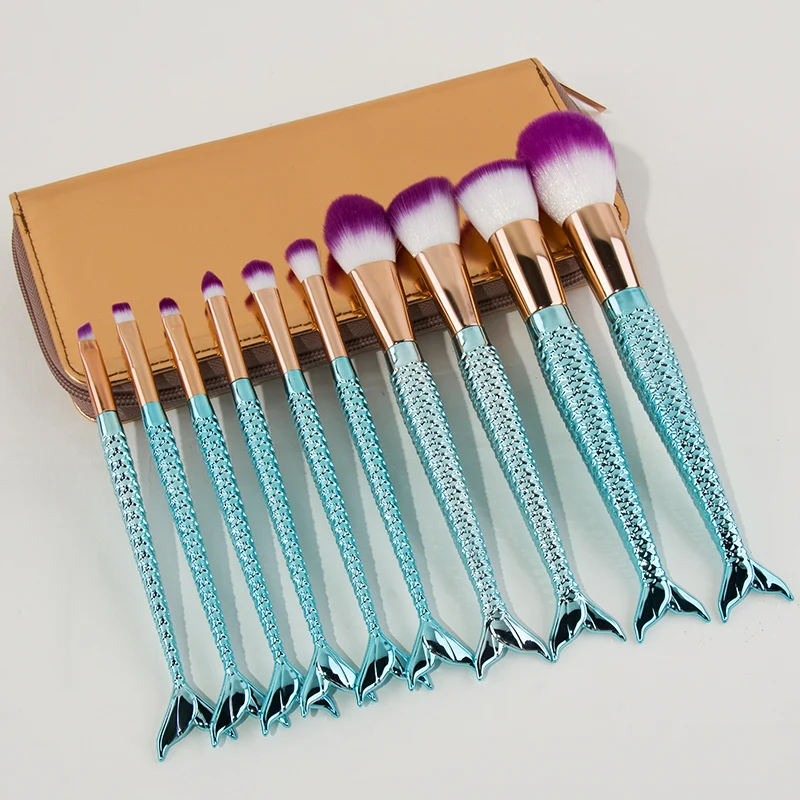 

10PCS Mermaid Makeup Brushes Set with PU Bag Eyebrow Eyeliner Blush Blending Foundation Cosmetic Beauty Make Up Fish Brush