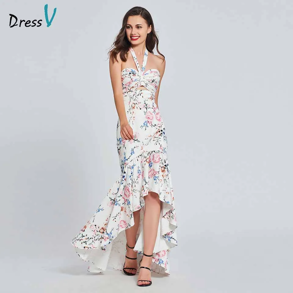 

Dressv elegant halter neck long prom dress mermaid print ruffles backless floor length evening party gown prom dress customize