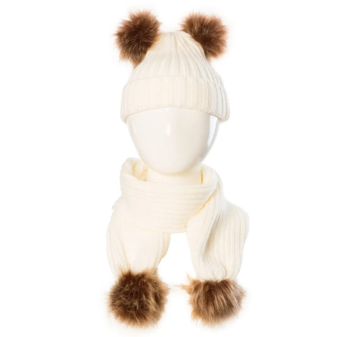 Itfabs/Новые поступления, модная распродажа, милые детские теплые зимние шарф, вязаная шапка бини, вязаный крючком комплект, детский однотонный меховой шарф с помпонами - Цвет: Белый