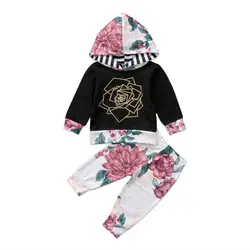 Для новорожденных Обувь для девочек цветочные наряды одежда Толстовки футболка + Брюки для девочек комплект из 2 предметов Размеры 0-24 м