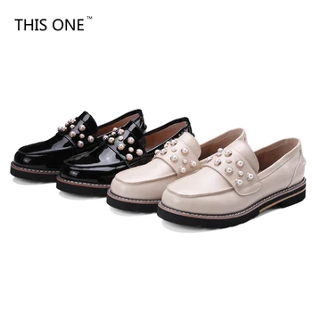 

NEW Patent Leather Platform Shoes Women British Pearls Autumn Oxfords Heel pearl inlay Women Casual Creepers Fashion Wedge Shoe