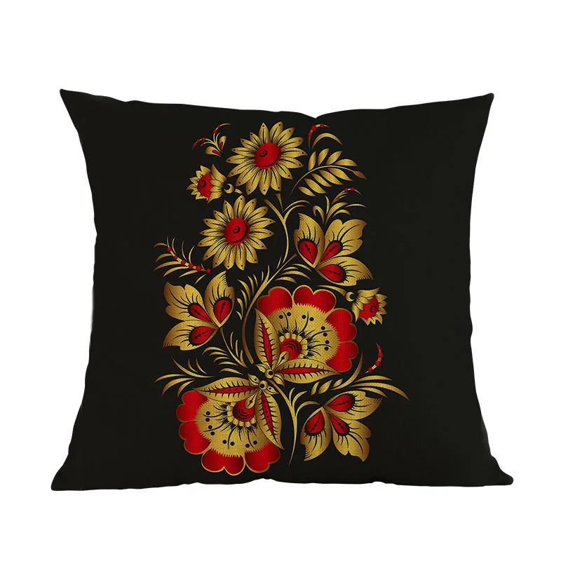 Льняная наволочка для подушки в стиле хохломы с изображением растений в русском стиле, чехол для подушки для дома, дивана, стула