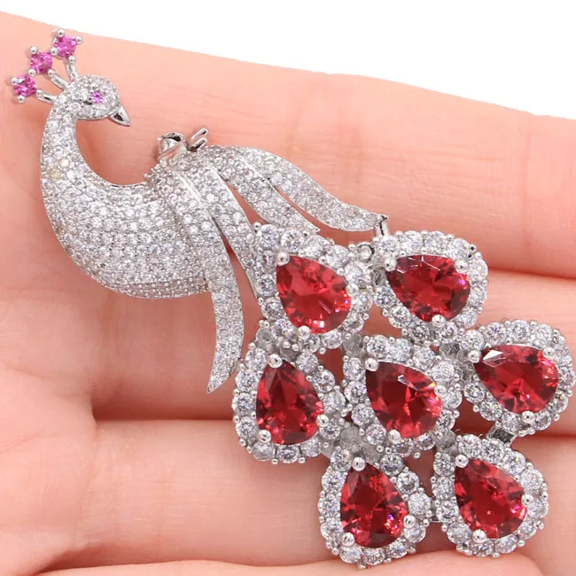 

SheCrown 2019 Big 15.2g Phoenix Pink Raspberry Rhodolite Garnet Tourmaline CZ Silver Brooch 62x28mm