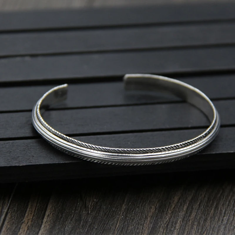 

Fyla Mode Real Pure 925 Sterling Silver Bangle for Women Opening Bracelet Vintage Handmade Feather Pattern Carved Fine Jewelry