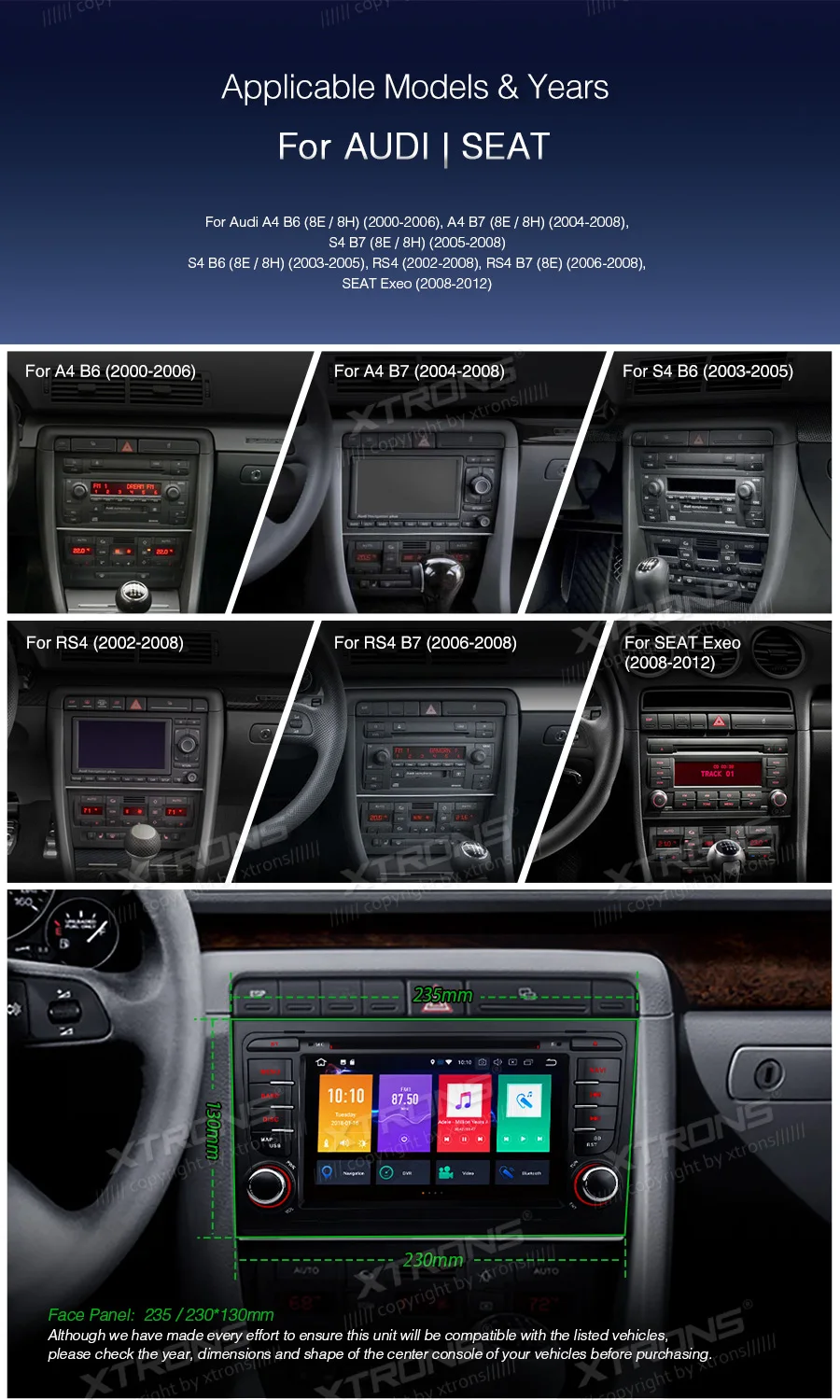 Discount XTRONS 7" Android 9.0 Octa Core 4GB RAM 32GB ROM Car DVD Player GPS Navigation for Audi A4 S4 B6 B7/RS4 2002-2008 for SEAT Exeo 2