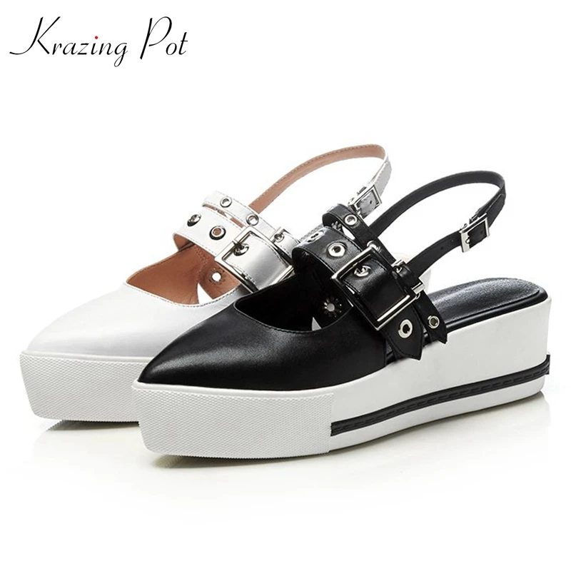 

Krazing Pot genuine leather pointed toe rivets decoration thick bottom wedges increased comfortable pregnant summer shoes L6f2
