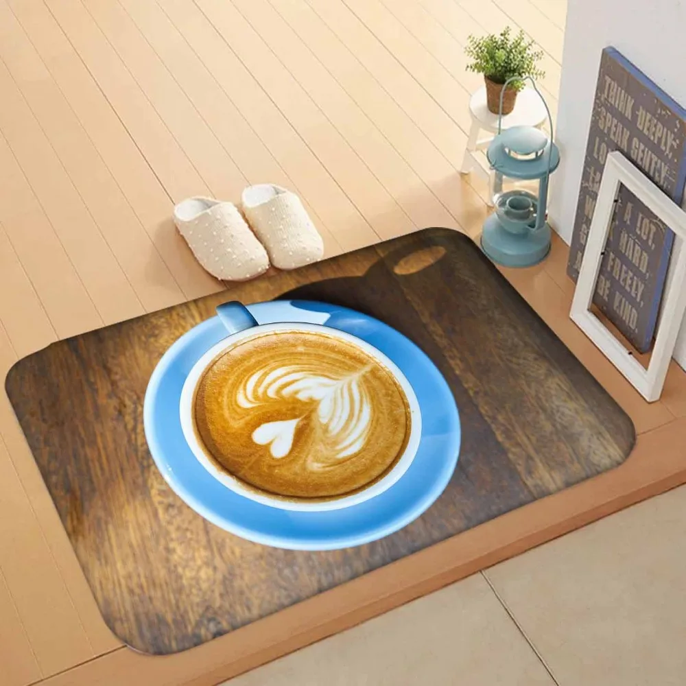 

Else Brown Wooden Blue Cup of Coffee White Hearts 3d Pattern Print Anti Slip Washable Doormat Home Decor Entryway Kitchen Mat