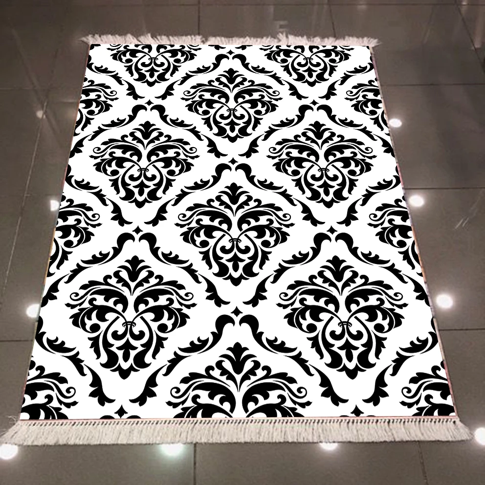 

Else Black White Damask Ethnic Vintage 3d Pattern Print Microfiber Anti Slip Back Washable Decorative Kilim Area Rug Carpet