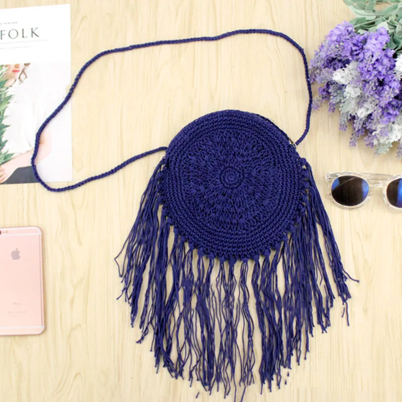 Women Circle Straw Bags Summer Beach Tassel Female INS Popular Shoulder Bag Lady Casual Handmade Weave Round Crossbody SS3108 (1)