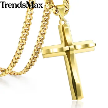 

Trendsmax Cross Pendant Necklace Men's Chain Stainless Steel Curb Cuban Link Black Gold Silver Color Gift Jewelry KKPM137