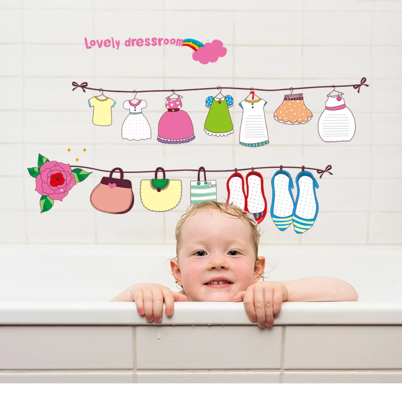 Girl Cartoon Laundry Racks Kitchen Shoes Clothes Wall Sticker For Kindergarten Livingroom Bedroom Home Decor Home Decoration