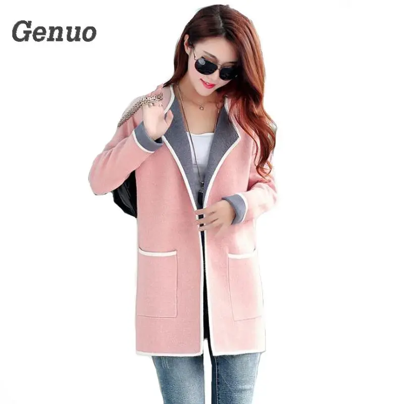 Genuo Women's Autumn Coat Grey/pink Patchwork Cardigans Sweater 2018 Knitted Open stitch Female overcoat Windbreaker Cardigan