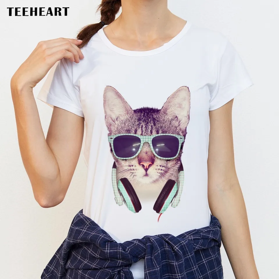 

2017 Funny Cute Cat DJ Music Design T-Shirt Fashion Novelty Women/Girl Animal T Shirt Summer High Quality Harajuku Tops Tee